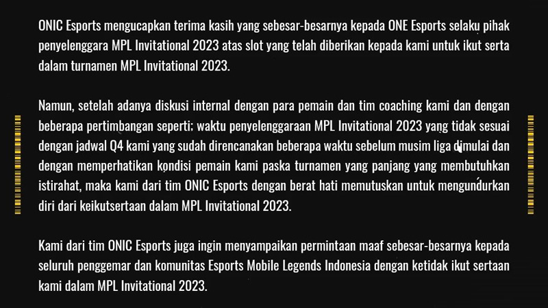 ONIC Batal Ikut MPLI 2023